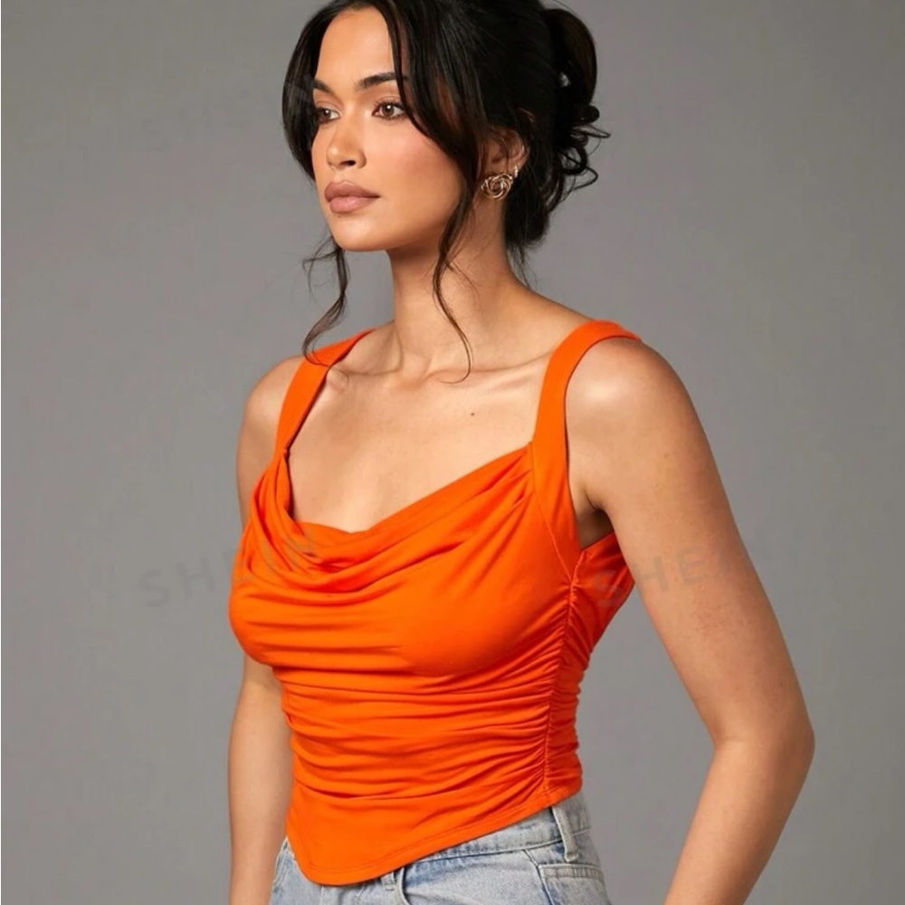 Summer Gathered Camisole Top Orange Draped Tight Sexy Big Backless Women's Tank - Picture 3 of 5